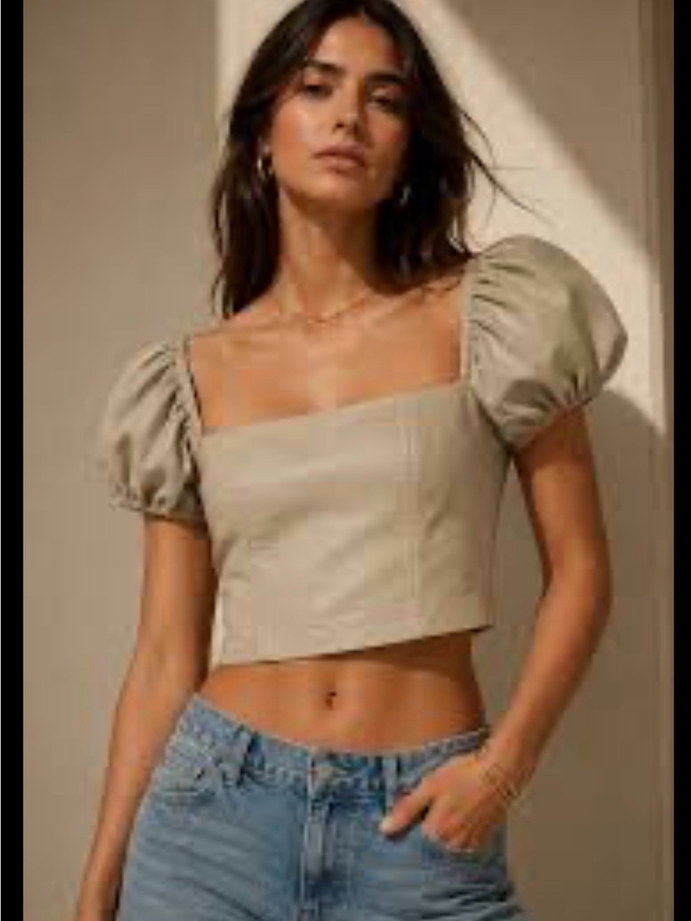 7 For All Mankind Faux Leather Puff Sleeve Crop Top Beige Size S NWOT Square Nec